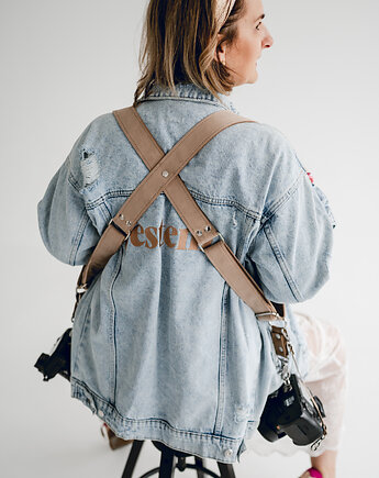 Szelki reporterskie dla fotografki welurowe beżowe, equipo