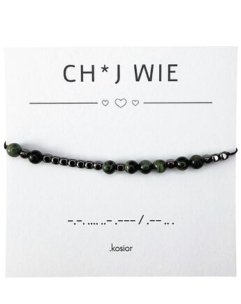 UNISEX Bransoletka z alfabetem Morse Jaspis kambaba, Hematyt, karolina kosior