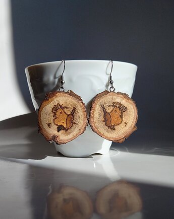 Drewniane kolczyki - rysunki natury, abstrakcja, mazuni