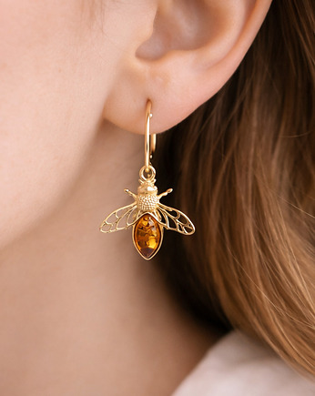 Srebrne kolczyki pszczoły z bursztynem bałtyckim pozłacane, Amber Charm