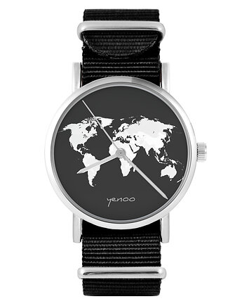 Zegarek - Mapa świata - czarny, nylonowy, unisex, yenoo