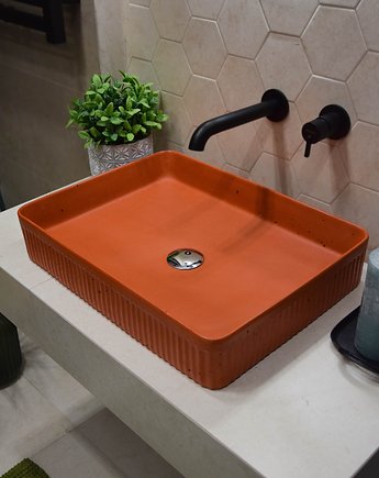 Betonowa umywalka prostokątna ryflowana 50cm terakota/ ceglasta, Betonowy Design