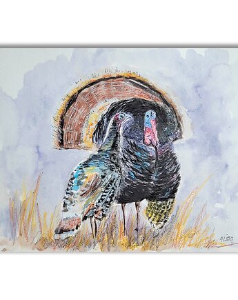 Indyk i indyczka. Akwarela ręcznie malowana, Galeria Alma