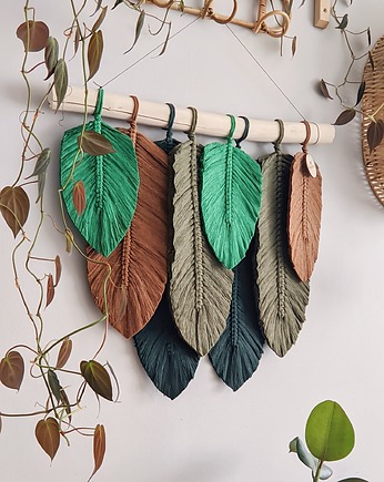 Ciemna makrama zielone dekoracje na ścianę pióra liście do domu w stylu boho, Dary Rusałki