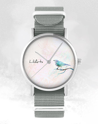 Zegarek - Ptaszek turkusowy - szary, nylonowy, yenoo