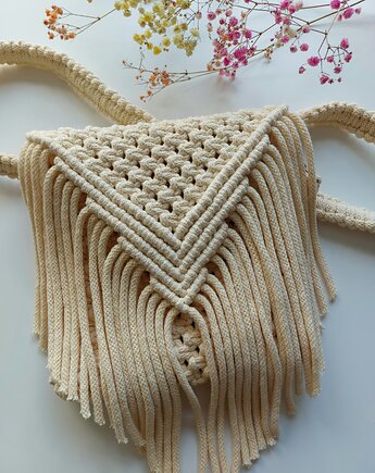 Masełkowa makramowa torebka boho z frędzelkami, Passatempo handmade