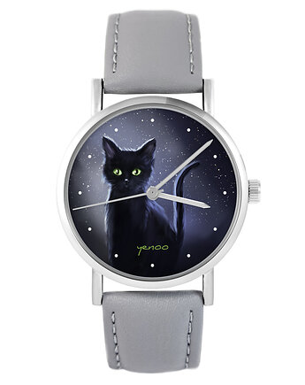 Zegarek - Czarny kot, noc - szary, skórzany, yenoo