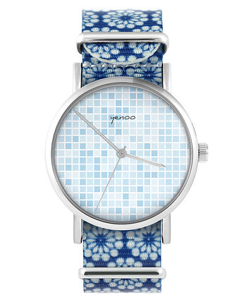 Zegarek - Piksel - niebieski, kwiaty, yenoo