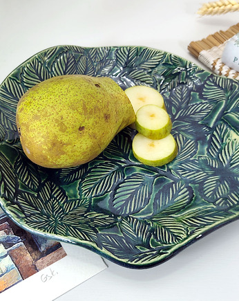 Ceramiczna misa z motywem liści w kolorze butelkowej zieleni, 10FingersArt