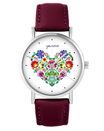 Zegarek - Serce folkowe - skórzany, burgund, yenoo