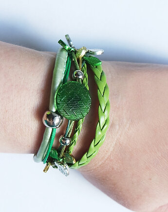 Bransoletka - Zielony guzik - rzemienie, listki, yenoo