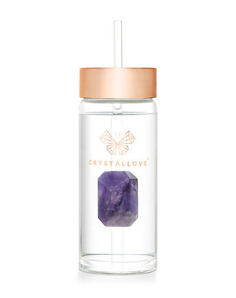 Szklana butelka na wodę z ametystem i słomką 400ml, CRYSTALLOVE