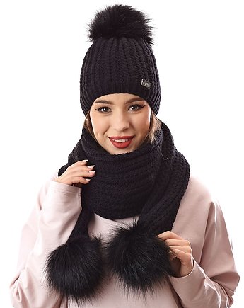 Komplet damski czapka z pomponem i szal zimowy czarny C01, Ella Dora