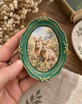 Mini obrazek z królikami w ręcznie wykonanej ramce vintage, MARIAELA