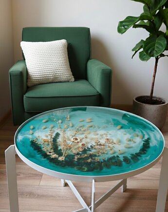 Stolik kawowy z kwiatami na morskim tle, Majuto Resin Art