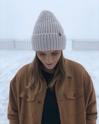 SOWA - duża puchata wełniana czapka- kremowy, KOPYTO