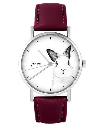 Zegarek - Królik - skórzany, burgund, yenoo