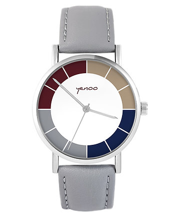Zegarek - Classic tricolor - szary, skórzany, yenoo
