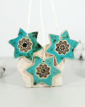 Turkusowe gwiazdki choinkowe - ozdoby ceramiczne, 10FingersArt