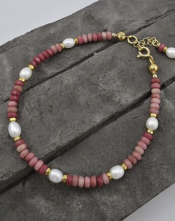 Rodonit i perły w złocie - bransoletka, RayOfArt
