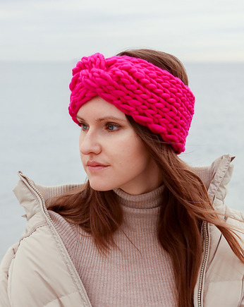 Fuksjowa opaska turban z grubej wełny peruwiańskiej, Holy Alpaca Knit