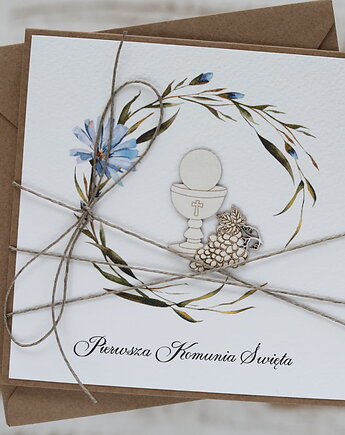 Ręcznie robiona kartka na komunię z życzeniami, sorte