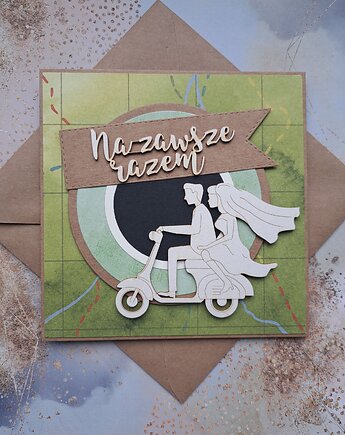 Kartka ślubna z parą młodą na skuterze, Kartkodzielo