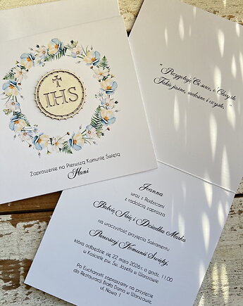 Białe eleganckie zaproszenia komunijne, na komunię, sorte