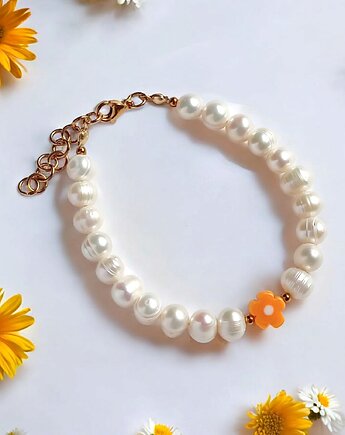 Bransoletka : DAISY : perły naturalne i szklany kwiatuszek, kaktusia
