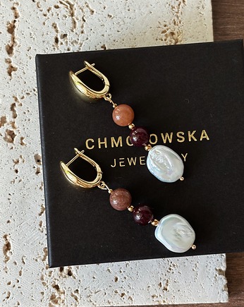 Kolczyki pozłacane  Awenturyn brązowy, Granat i Perła, Chmolowska Jewellery