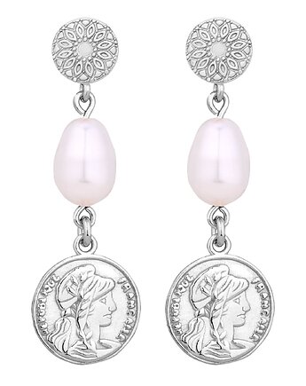 Srebrne długie kolczyki z monetami i perłami SWAROVSKI CRYSTAL, SOTHO