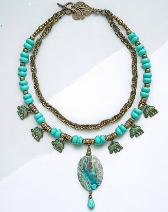 UNIKATOWY naszyjnik : jaspis : turkus i stare złoto : etno, kaktusia