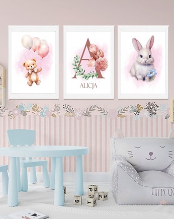 Plakaty Metryczka, Litera, Imię, Królik, Plakaty Na Ścianę Dla Dzieci 3 szt, Magnetyczne Studio
