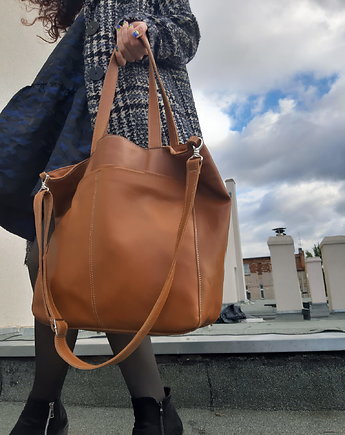 Koniakowa skórzana torba z dużymi kieszeniami, Łagoda