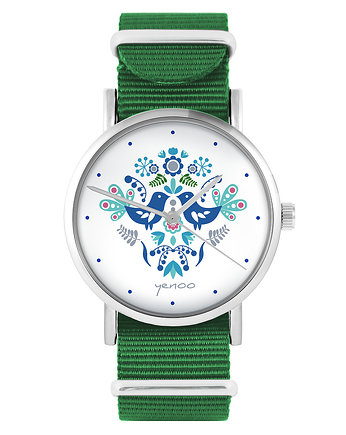 Zegarek - Ptaszki folk, blue - zielony, nylonowy, yenoo