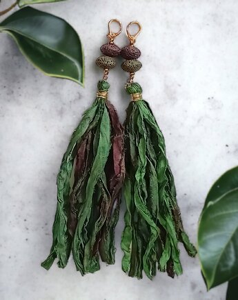 UNIKATOWE kolczyki chwosty : jedwab : ekstremalnie długie : Sari 003, kaktusia