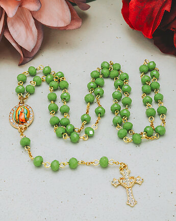 Ręcznie robiony różaniec, komunijny zielony, złoty, Yamira Art Studio