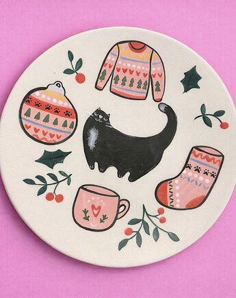 Świąteczny talerz z kotkiem, świąteczne wzory, Twarda Sztuka