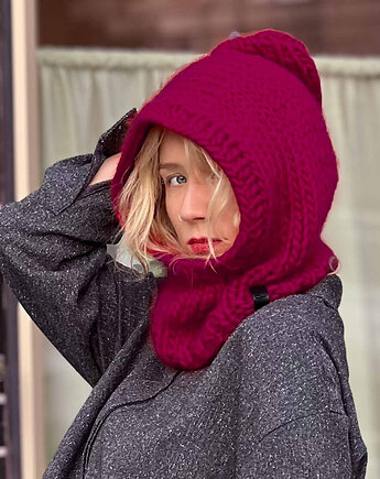 100% MERINO bordowa balaclava kapturek, PANAPUFA
