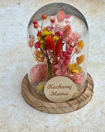 Szklana kopuła z suszonymi roślinami na Dzień Matki, prezent dla Mamy, Rosa