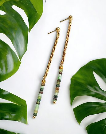 Długie kolczyki - patyczaki - jadeit zielono-brązowy, kaktusia