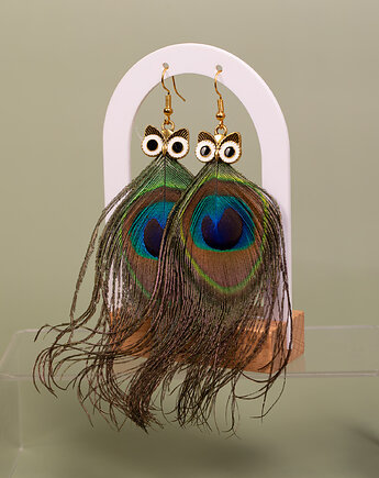 Kolczyki sowy pióra pawia, Amber by Baco