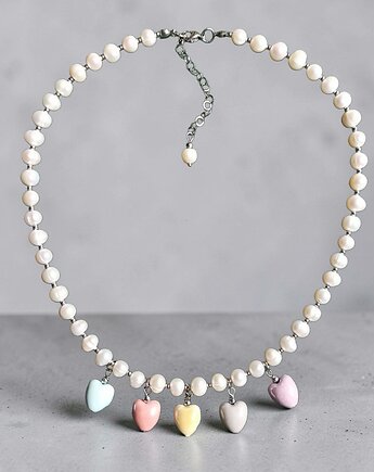 Perły naturalne i pastelowe ceramiczne serduszka : naszyjnik II, kaktusia