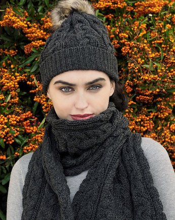 Zestaw CZAPKA  + SZALIK Z pomponami 100% wełna Merino - UNISEX, AnemoneDream