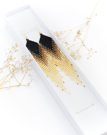Czarno złote, delikatne kolczyki piórka, Tauriel Design