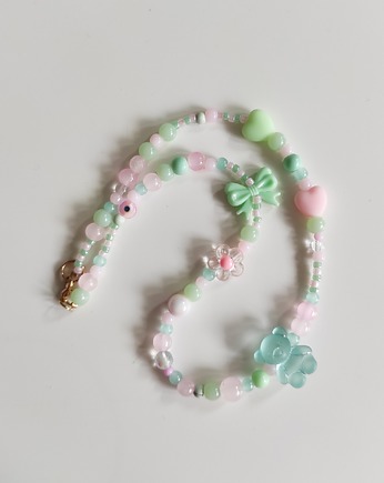 Pastelowy miętowo-różowy pudrowy naszyjnik miś koraliki choker, Lwie Jwlr