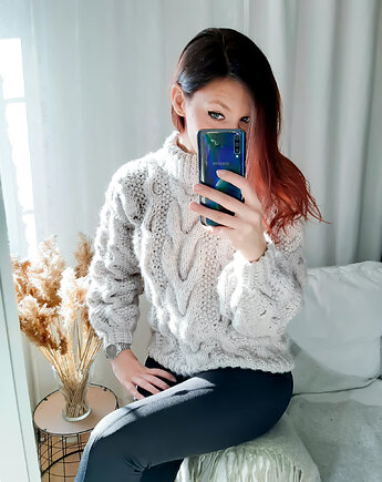 Zimowy sweter- warkocze alpaka, WoolTerka HandMade