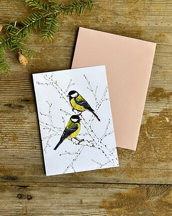 Sikorki bogatki- Kartka- Grafika- Ilustracja- Ptaki, BOSKE