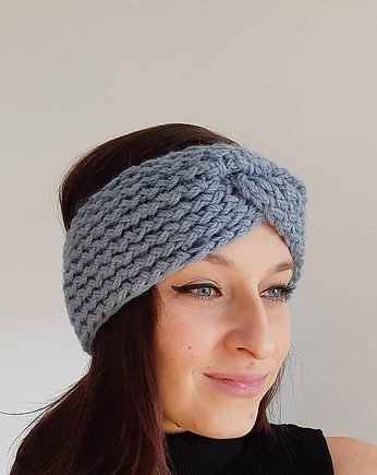 Dziergana zimowa opaska blue szafir- owcza wełna i alpaka, WoolTerka HandMade