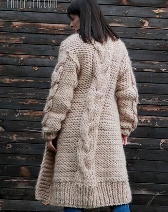 Wełniany płaszcz, długi sweter na drutach, PANAPUFA